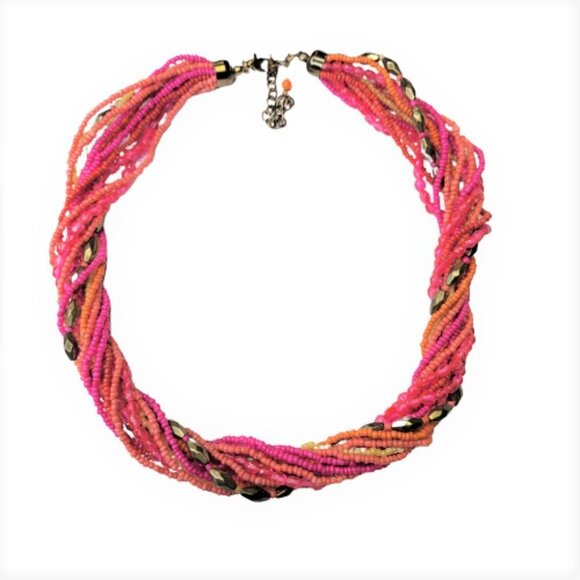 PINK and Orange Necklace, Beaded Twist 13 Strand Bead Necklace - Picture 7 of 10
